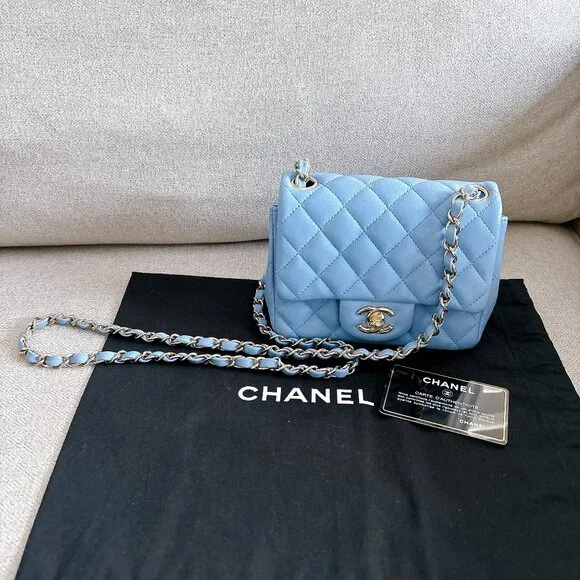 98% NEW CHANEL LAMB SKIN BABY BLUE SQUARE FLAP BAG - Picture 14 of 15